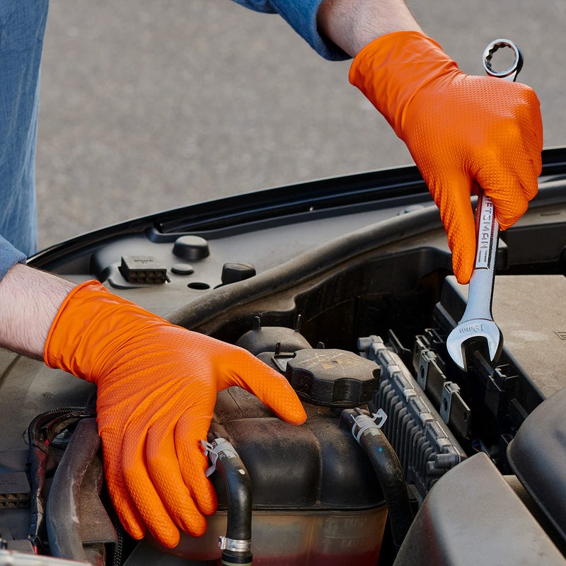 Comfy Package Large Orange Nitrile Heavy-Duty Gloves, Diamond Texture, Waterproof & Latex Free - Image 4
